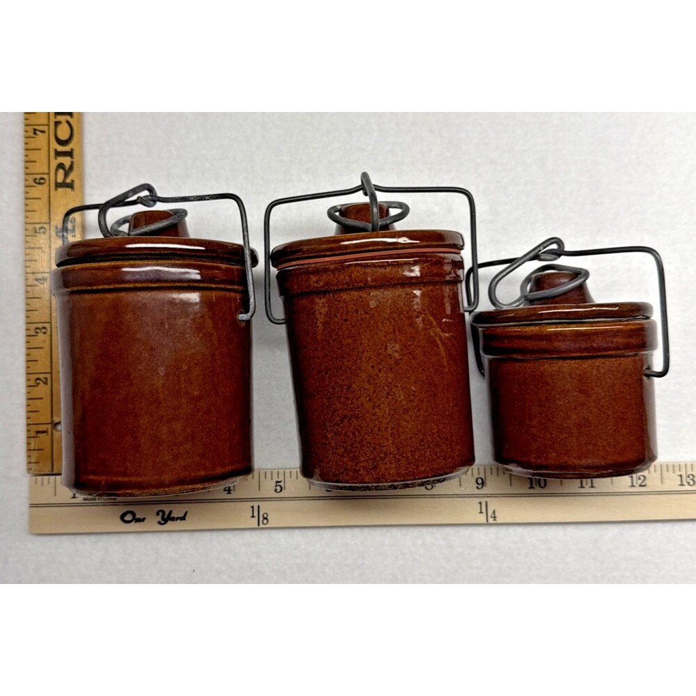 Brown Stoneware Canister Set 3 Glazed Ceramic Bail Lid Kitchen Jars Vintage